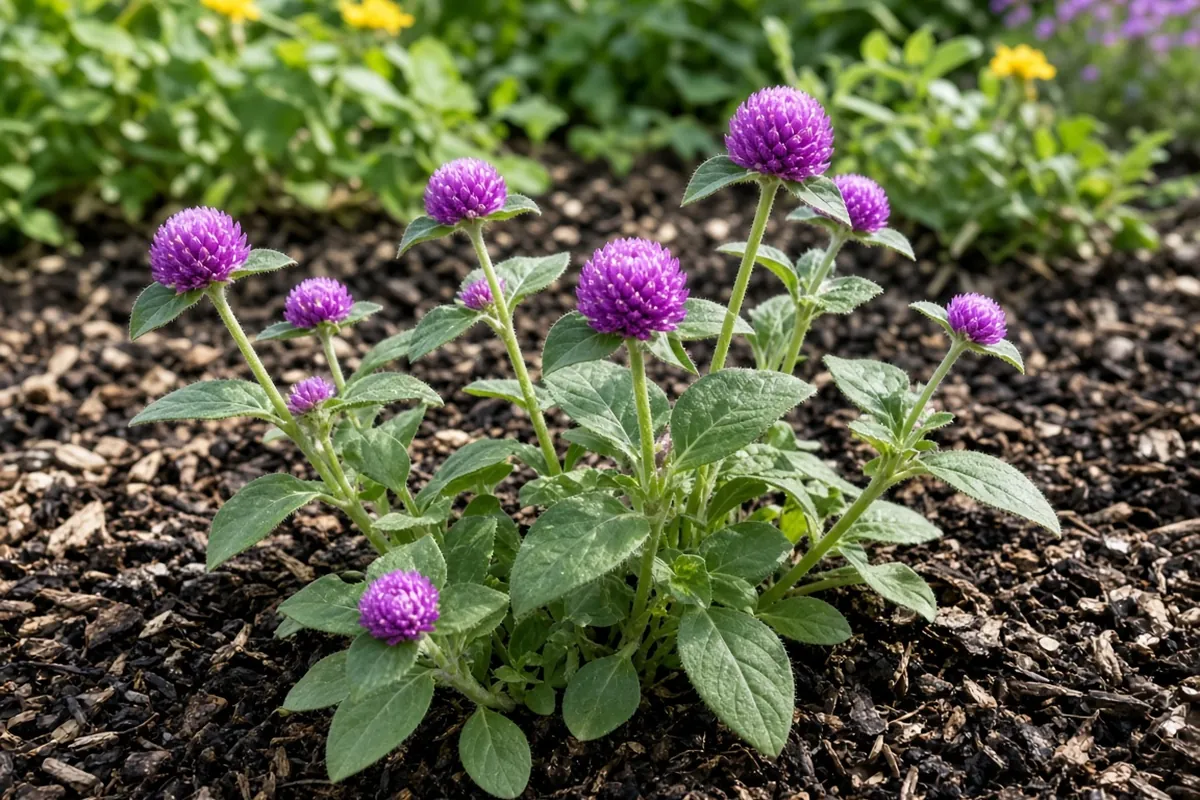 Young globe amaranth plants in a bed
