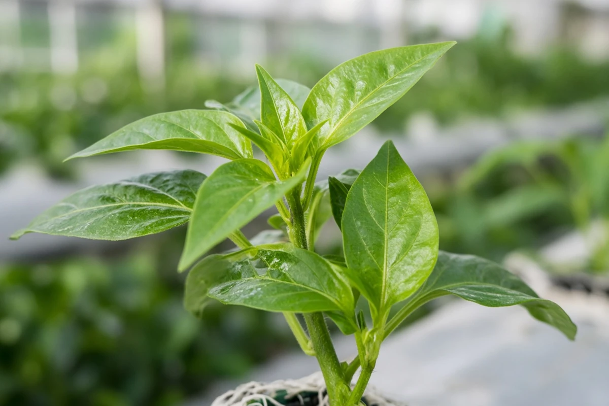 Young green leaves on a hydroponic pepper