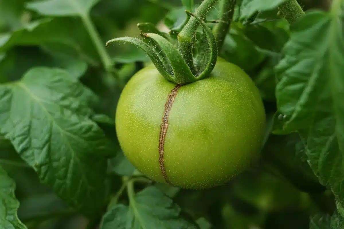 Young green tomato showing a narrow scar