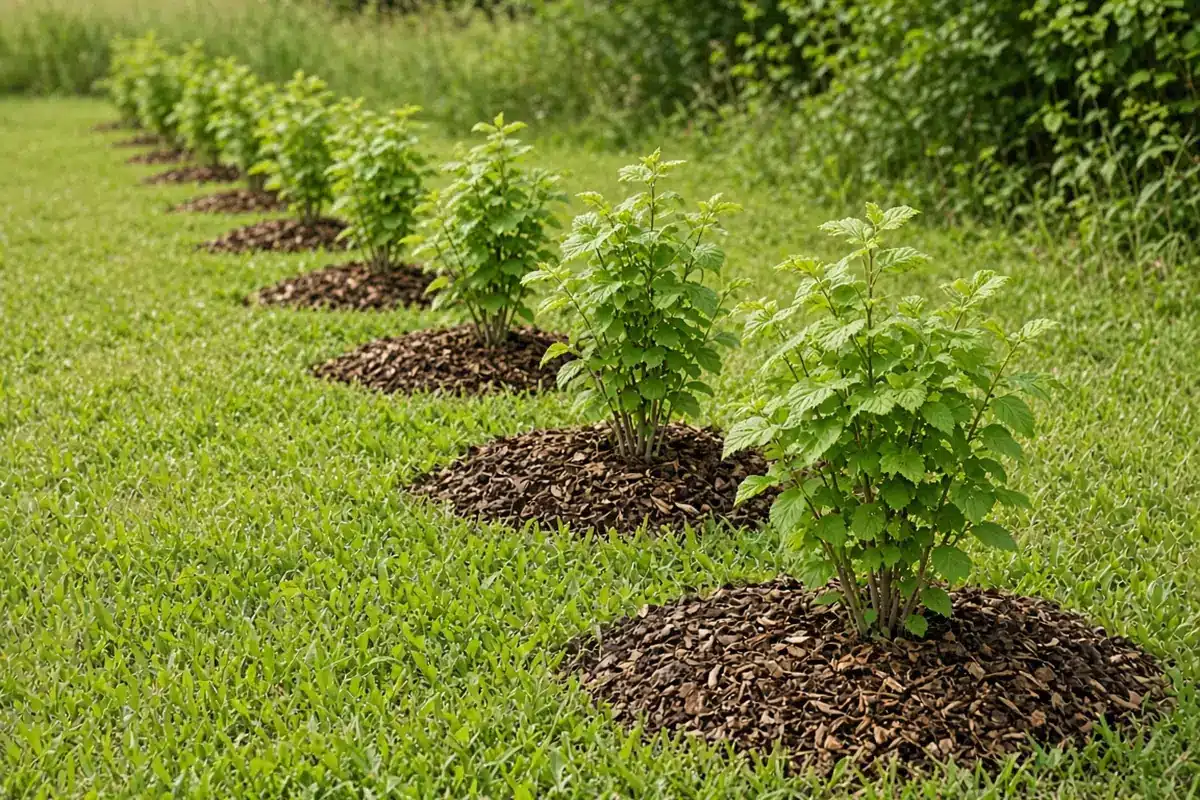 Young hazelnut plants mulched in a row