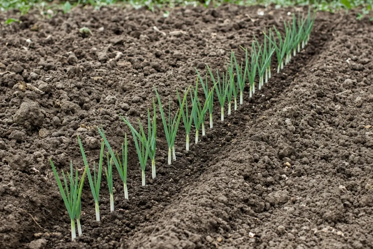 Young leek transplants set in a trench