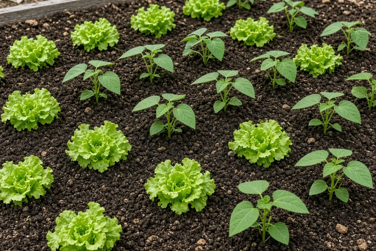 Young lettuce and bean plants in a new bed