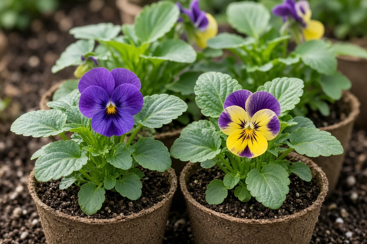 Young pansy plants with first flowers