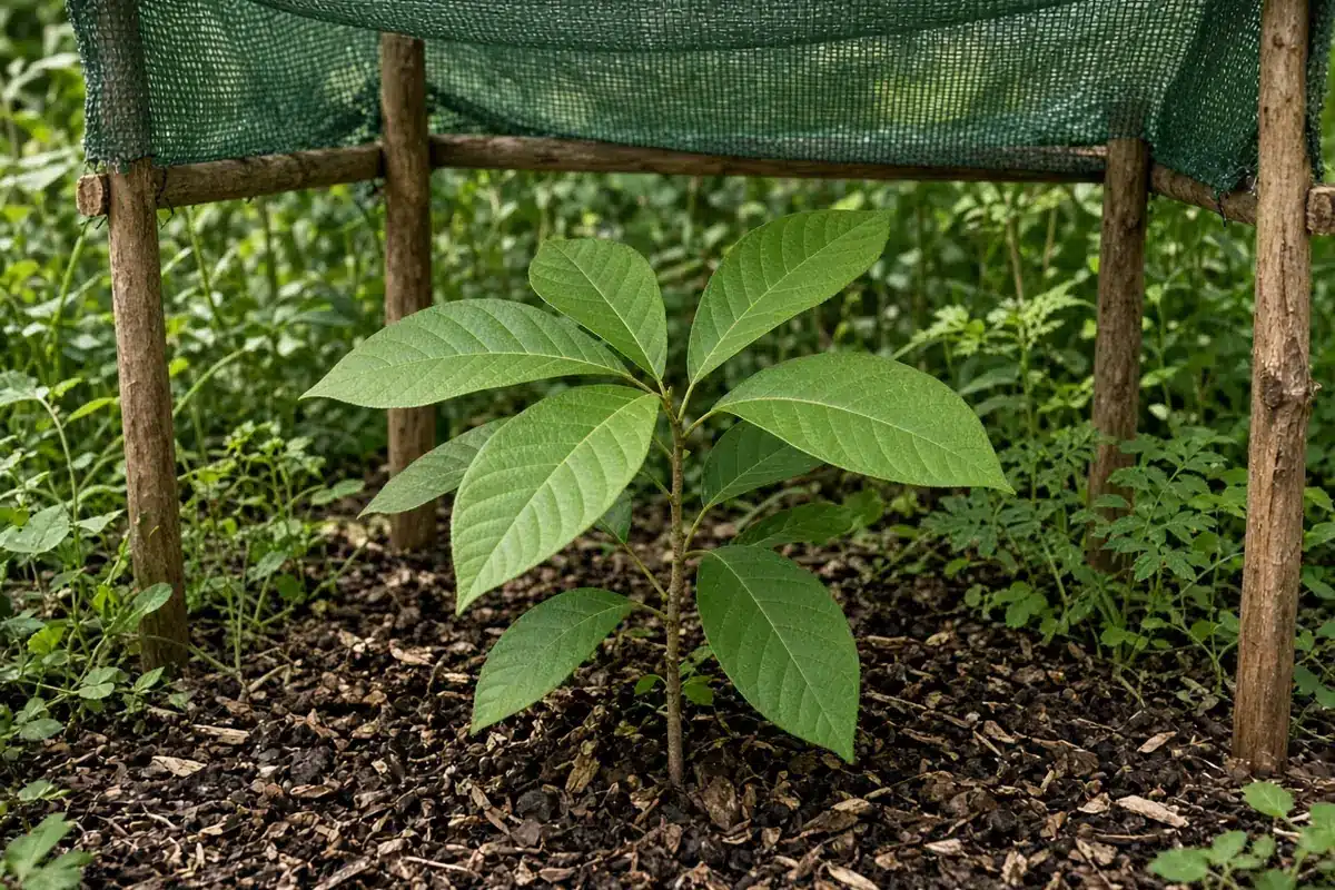 Young pawpaw tree with a shade shelter