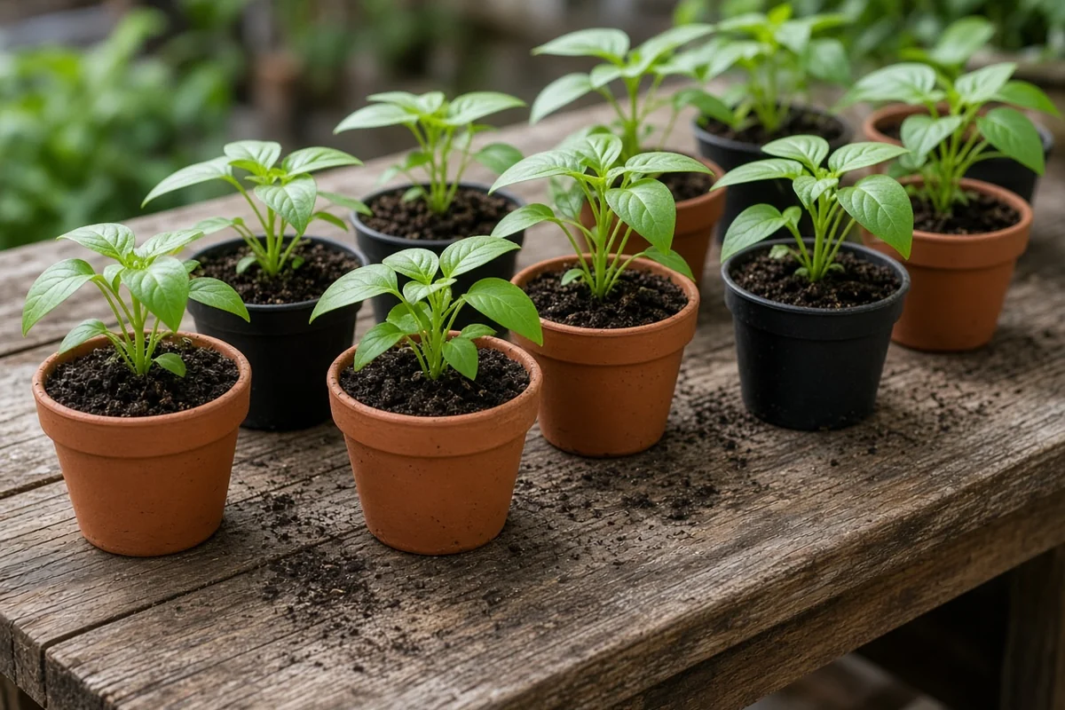 Young plants potted on into small pots