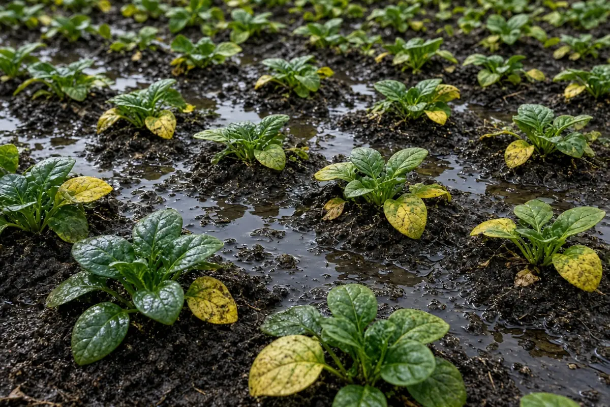 Young spinach plants in waterlogged soil with puddles