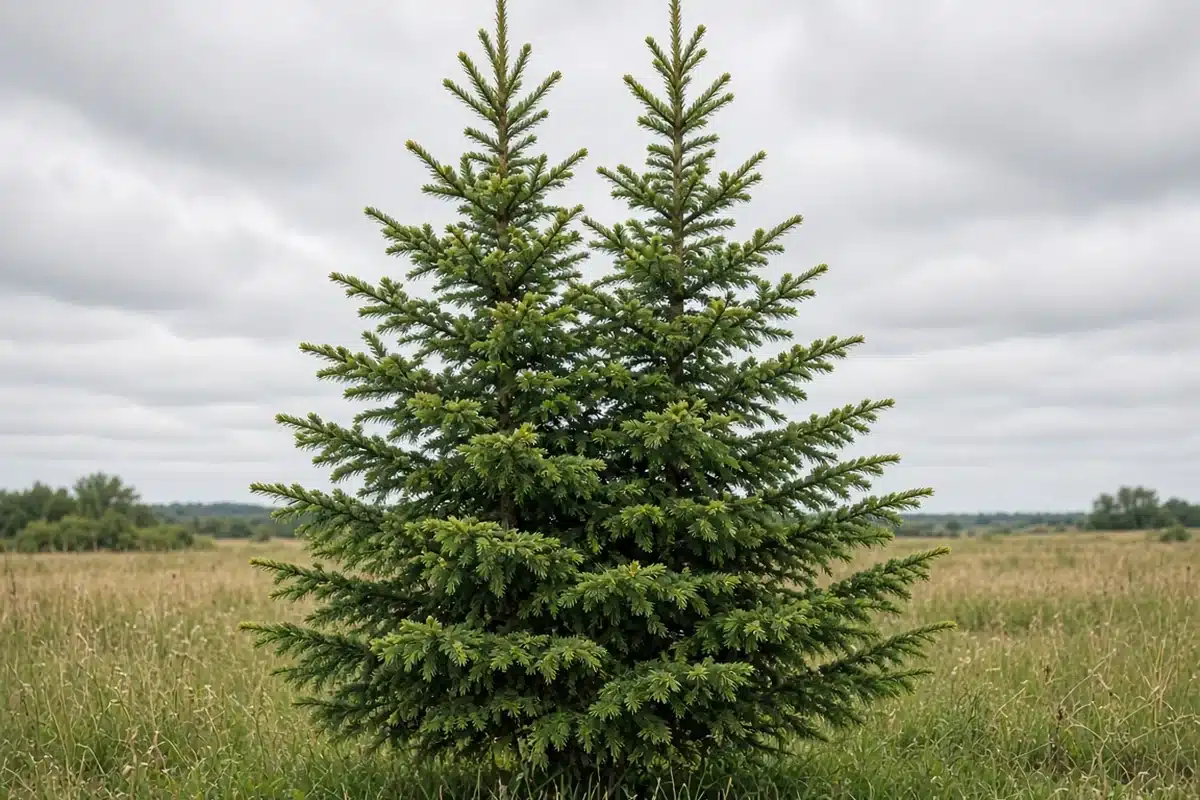 Young spruce with two competing tops