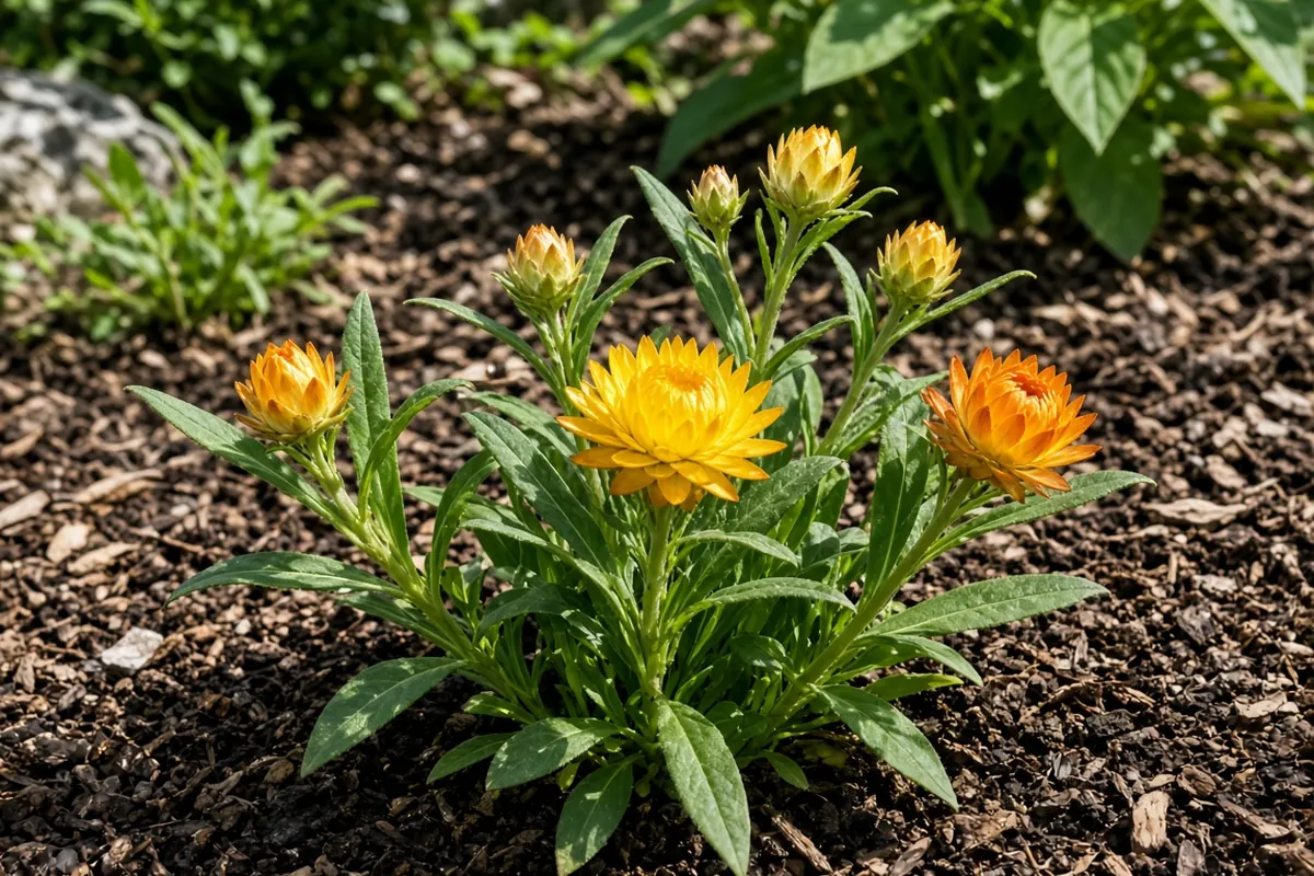 Young strawflower plants in a sunny bed