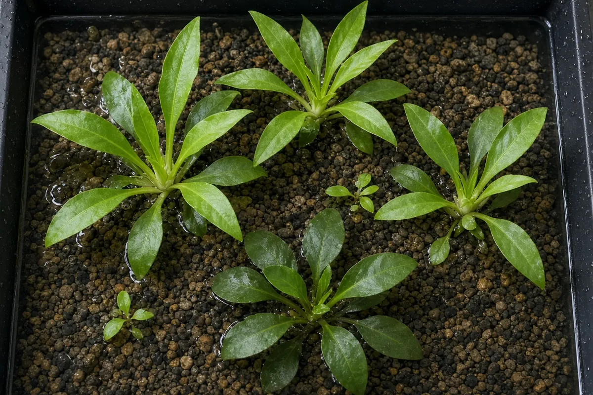 Young sword plants growing in a shallow tray