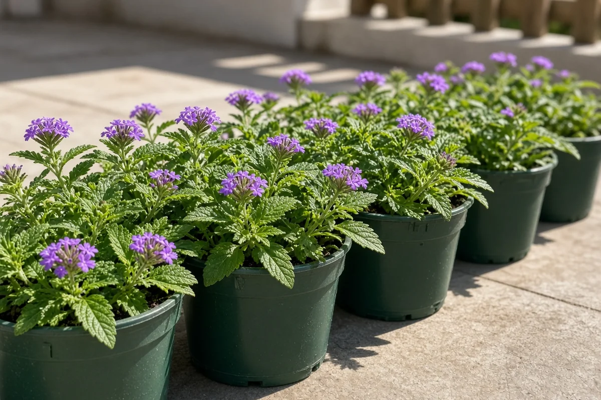 Young verbena plants in pots
