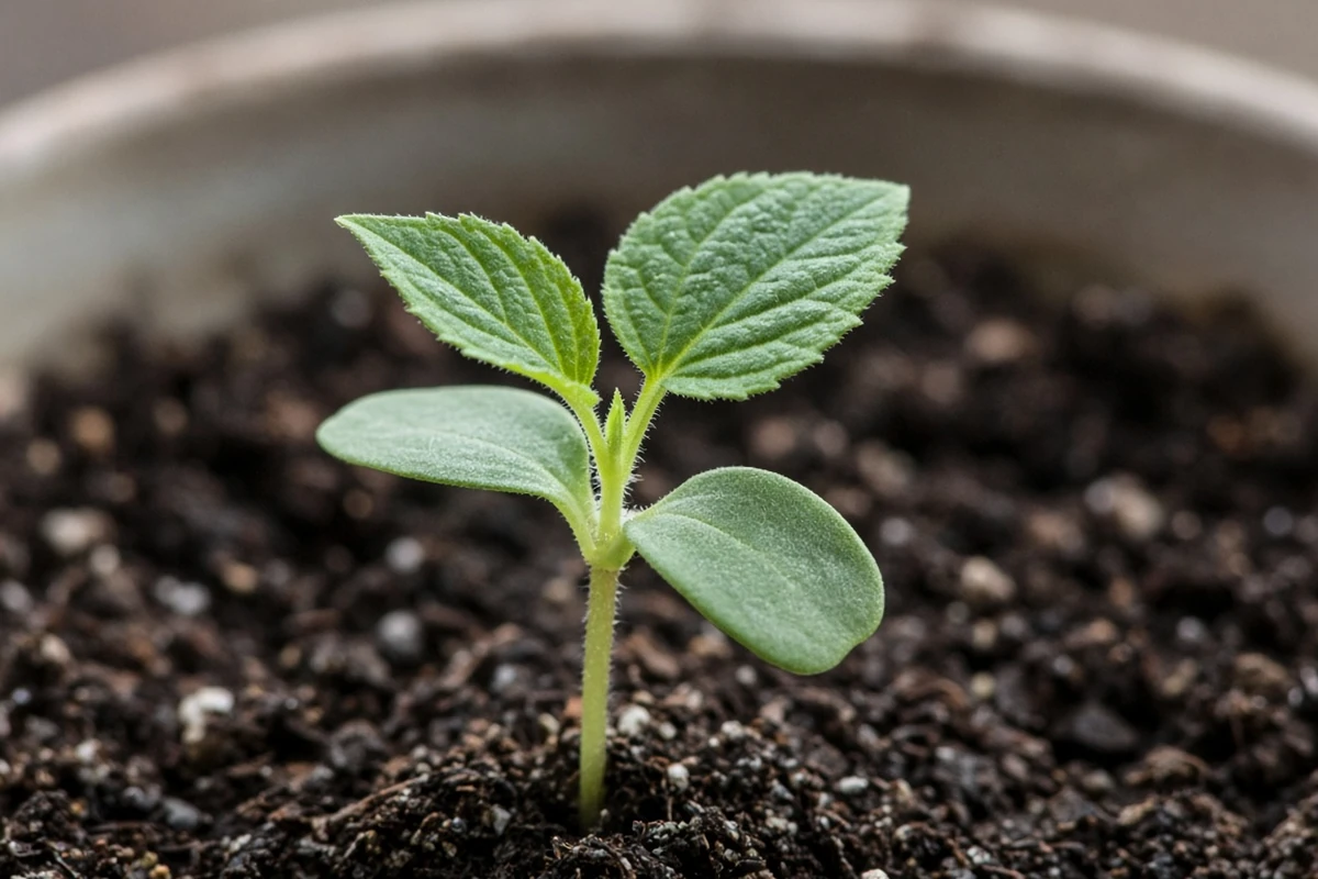 Young zinnia plant with first leaves