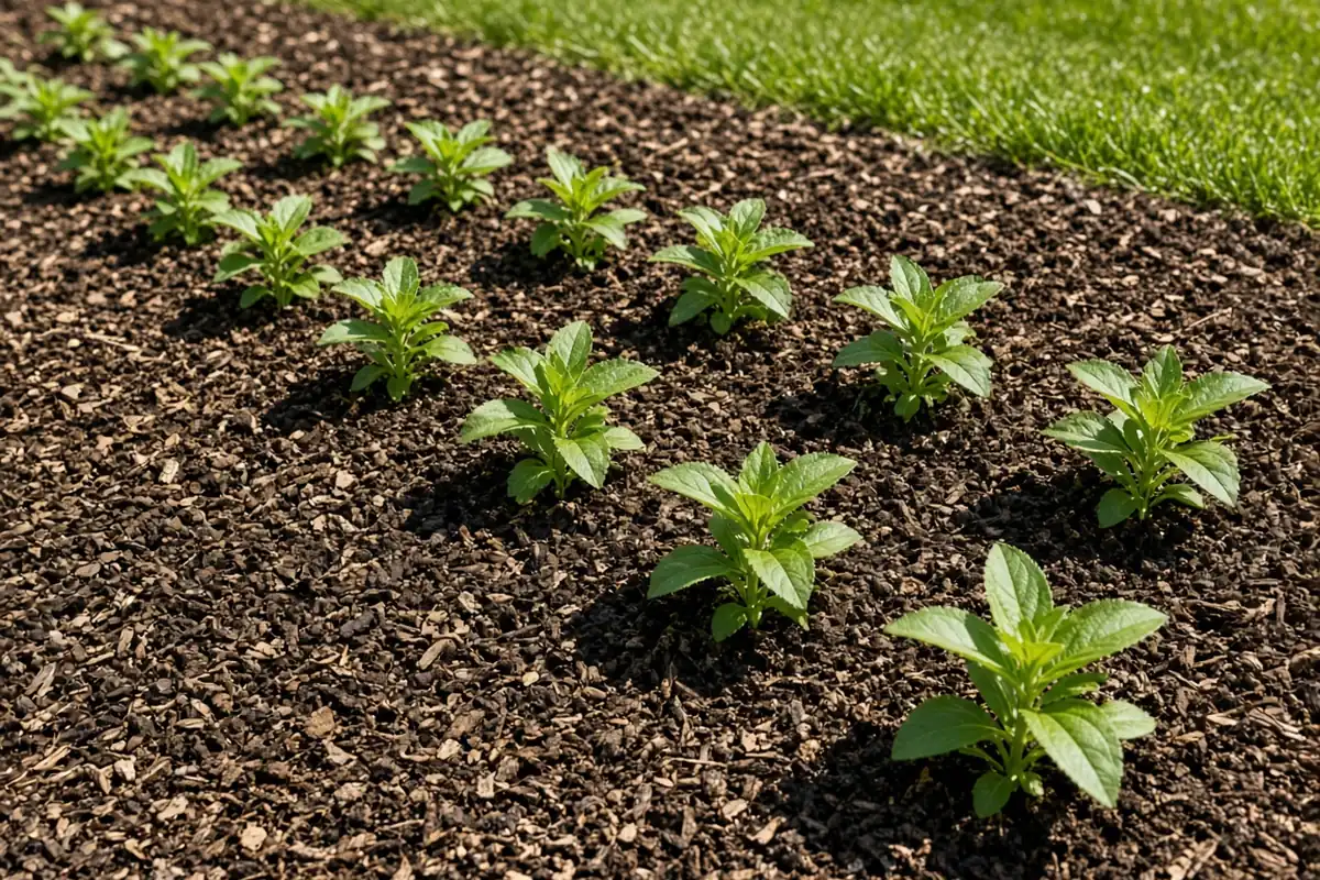 Zinnia transplants in a sunny bed