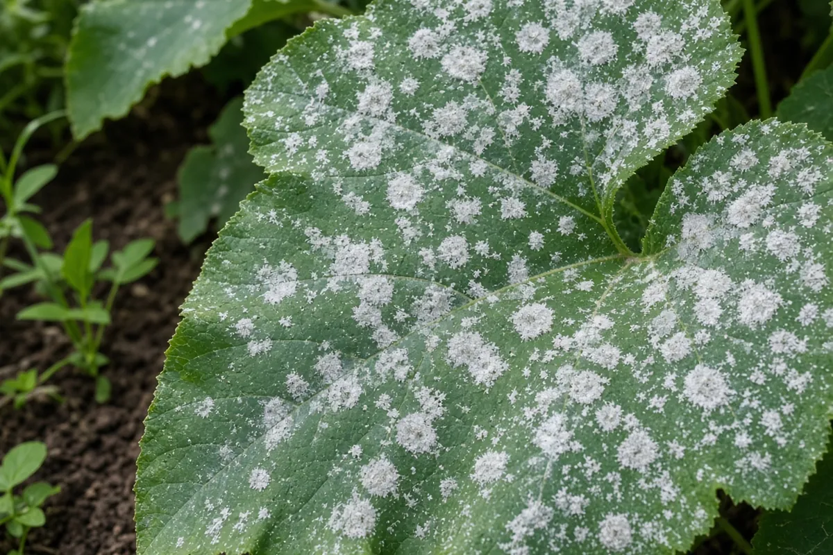 Zucchini leaf with white powdery spots