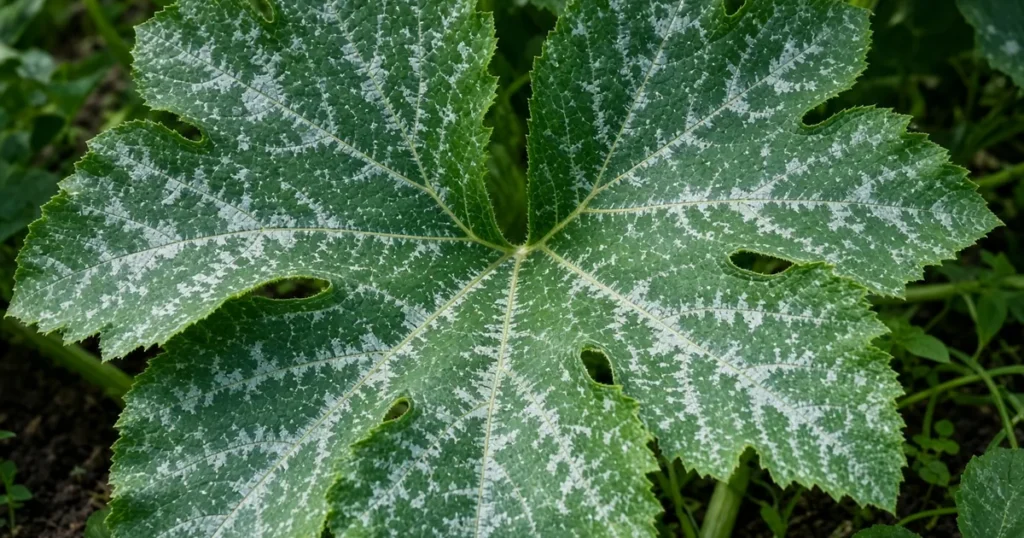 Zucchini leaf with silver mottling along the veins