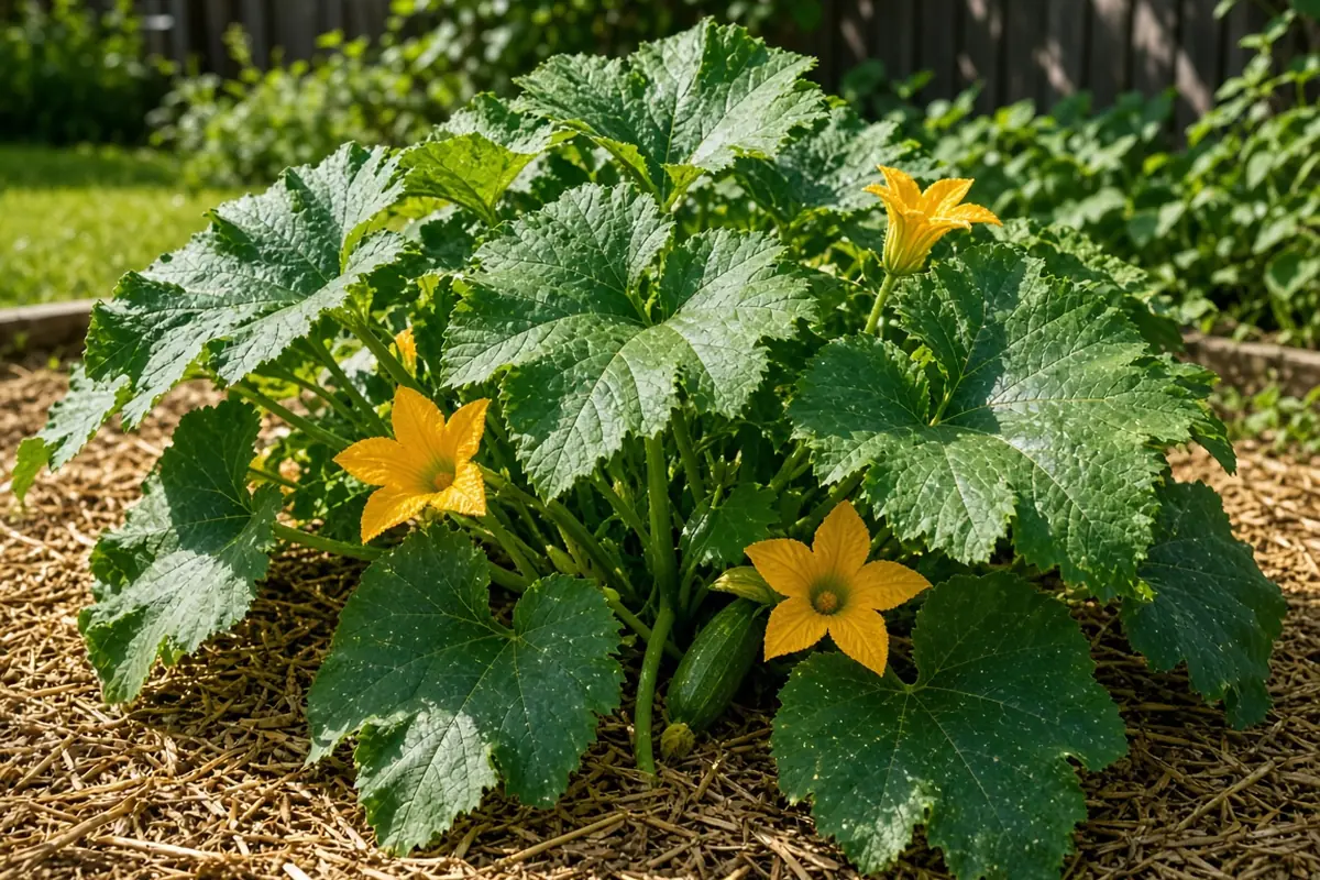 Zucchini plant with large leaves in a garden