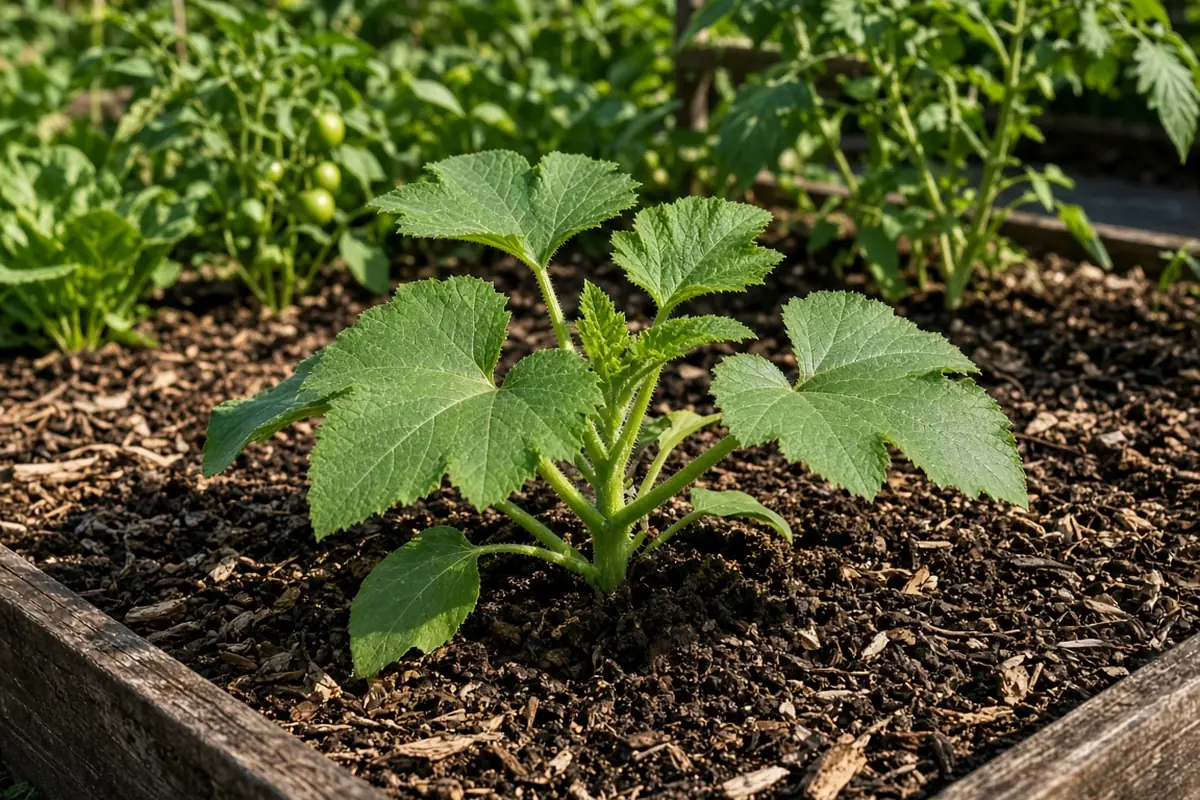 Zucchini transplant in a garden bed