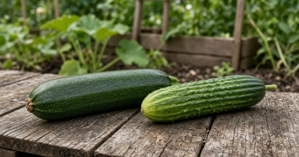 Zucchini and cucumber fruits side by side