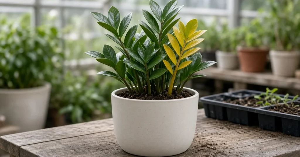 ZZ plant with a yellowing stem in a pot